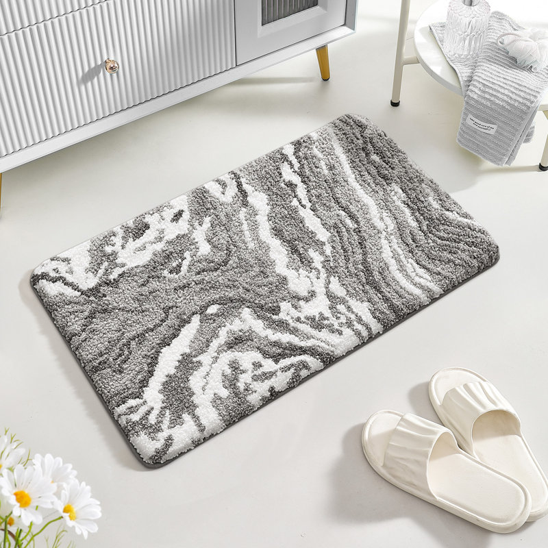 Non Slip Bath Rug, Single - 30" L x 17" W, Gray/White Abstract