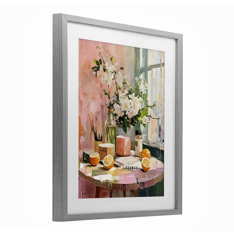 Table de petit-déjeuner agrume, reproduction encadrée sous verre, design par LSR Creative Studio, Cadre de ferme gris