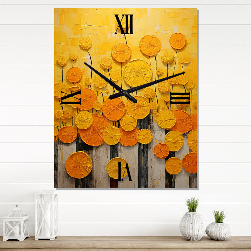 Yellow Flowers Pottery Garden I - Boho Pottery Modern Wall Clock, Medium
