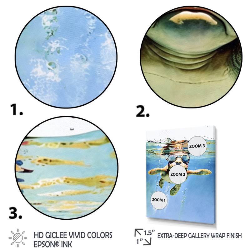 Tortue avec des lunettes dans l'océan I - reproduction sur toile, L 12 po x H 20 po, Toile avec cadre flottant or