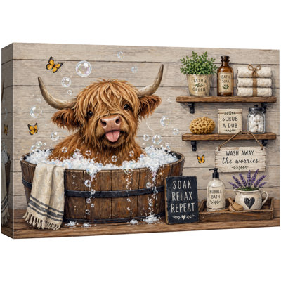«Highland Cow Bubble Bath», œuvre d'art, impression sur toile encadrée
