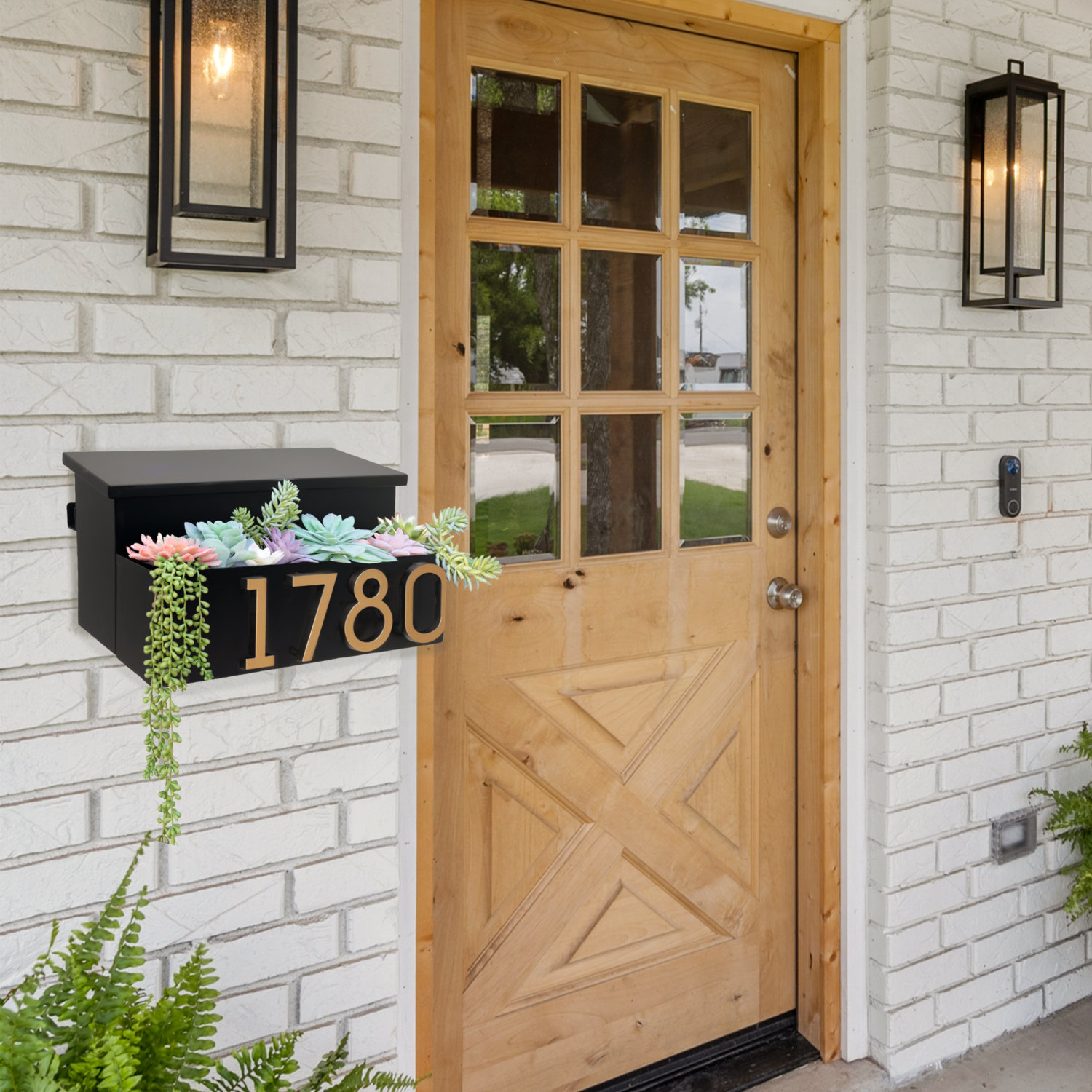 Package: MailVault Wall Planter Mailbox /w/ Stand-Off Numbers & Succulents Set, Black/Gold