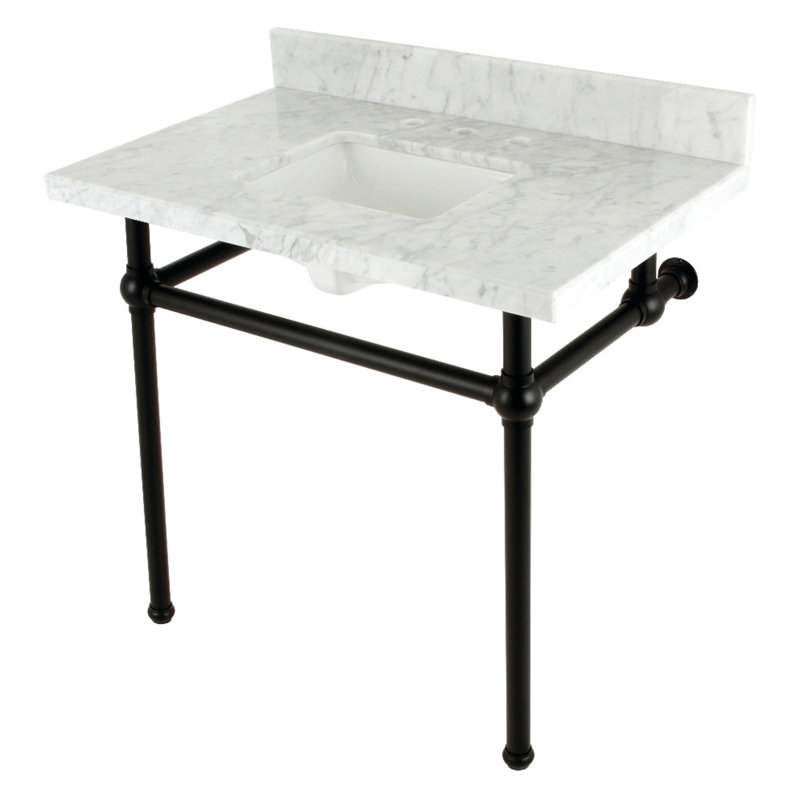 Kingston Brass Templeton 36-Inch Carrara Marble Console Sink with Brass Legs (8-Inch, 3-Hole), White/Matte Black