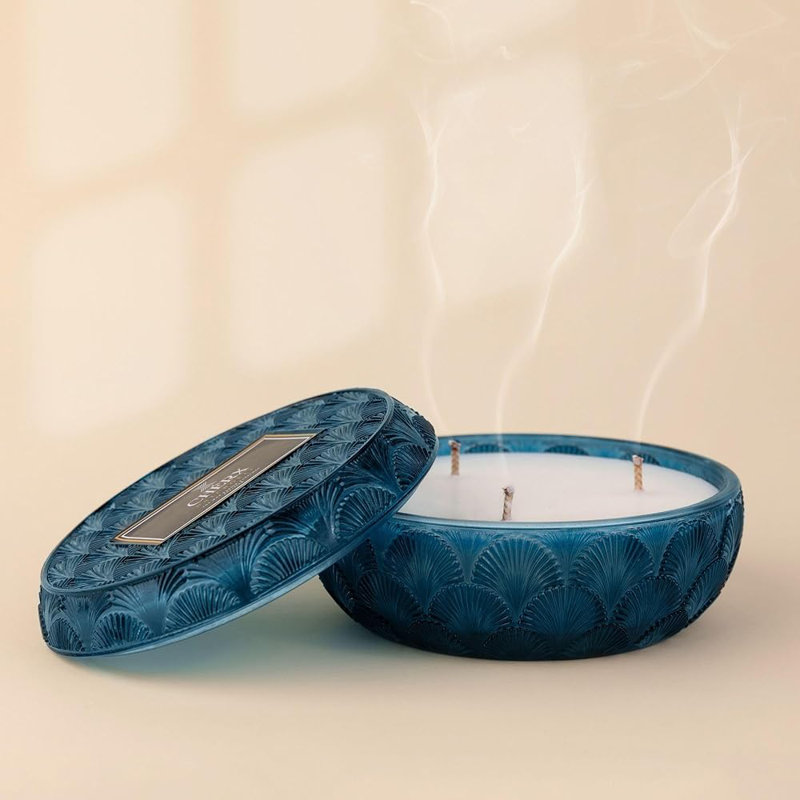 Bougie parfumée en pot avec support en verre, Bleu marine