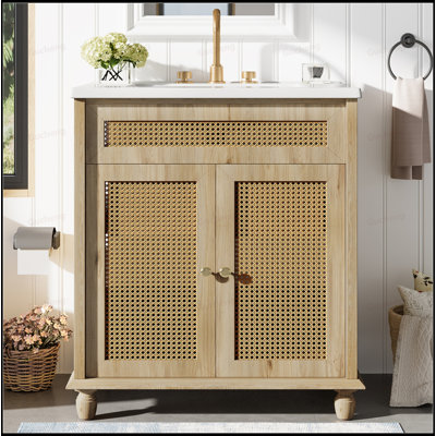 Meuble-lavabo avec portes en rotin 30 po et lavabo en résine