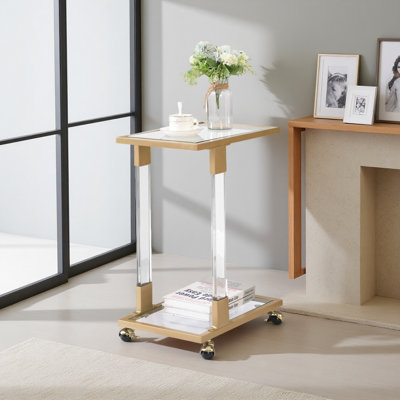 Table d'appoint, table de canapé en acrylique, table en forme de C avec plateau en verre et base en métal pour le salon