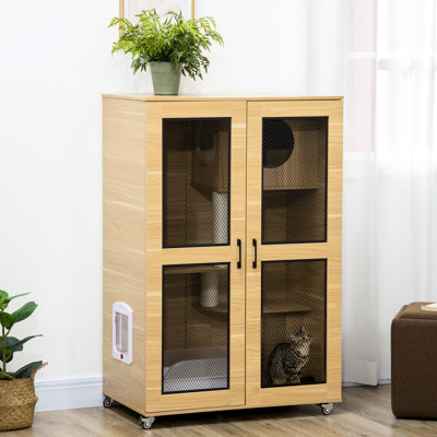 Enceinte de luxe pour chat avec roues mobiles, poteaux à griffer d'intérieur, porte à rabat, coussin confortable, chêne mobile - chêne, coussin de maison 31,5 po x 20 po x 48,5 po pour chats heureux