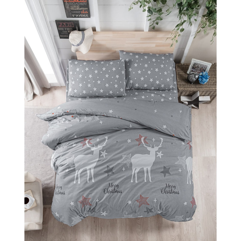 100% Cotton Ranforce Double Quilt Cover Set, Grey & White with Red Accents, Duvet Cover 79 x 79, 2 Pillowcases 31.5 x 31.5 | 142 Thread Count, Button Closure, Machine Washable at 86°F | Soft & Stylish Bedding Set