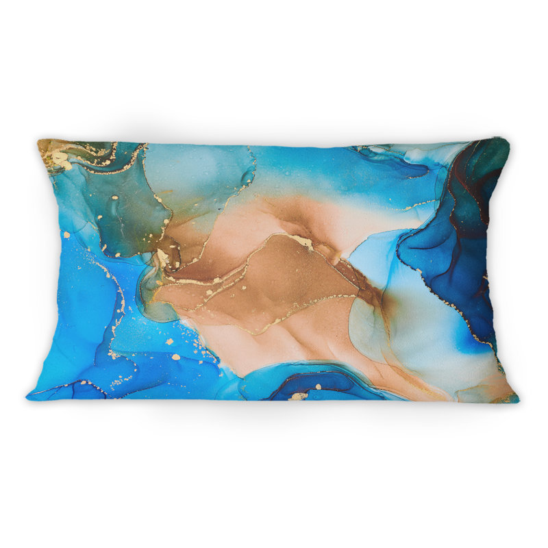 Coussin décoratif bleu et brun avec motif abstrait abstrait V 12 po x 20 po