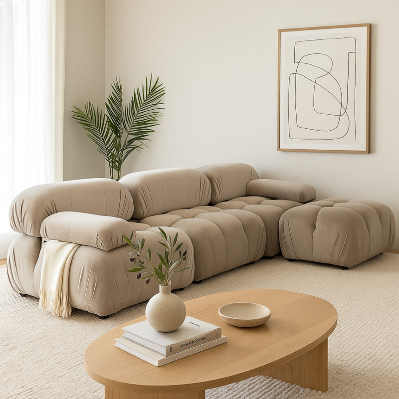 Hito 4 Piece Modular Inch Sectional Chaise Sofa Set,  Bubble Tufting, 29" H x 149" W x 62" D, Tan Brown Velvet