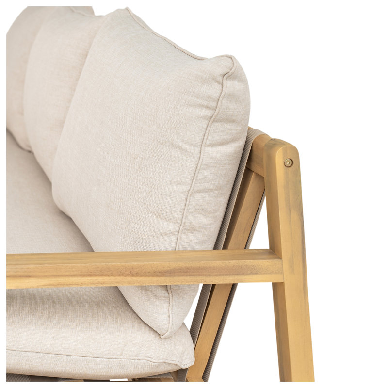 Canapé d'extérieur en bois d'acacia avec coussins beiges et sangles tissées