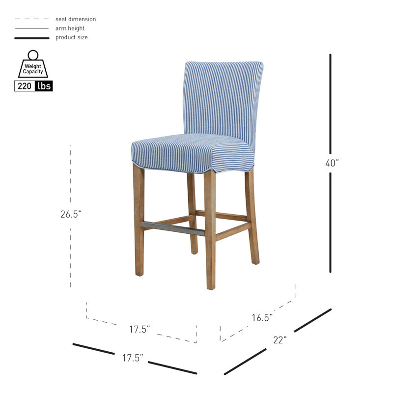 Zyaire Upholstered Counter Stool with Solid Wood Frame, Counter Stool (26.5" Seat Height), Blue Stripe