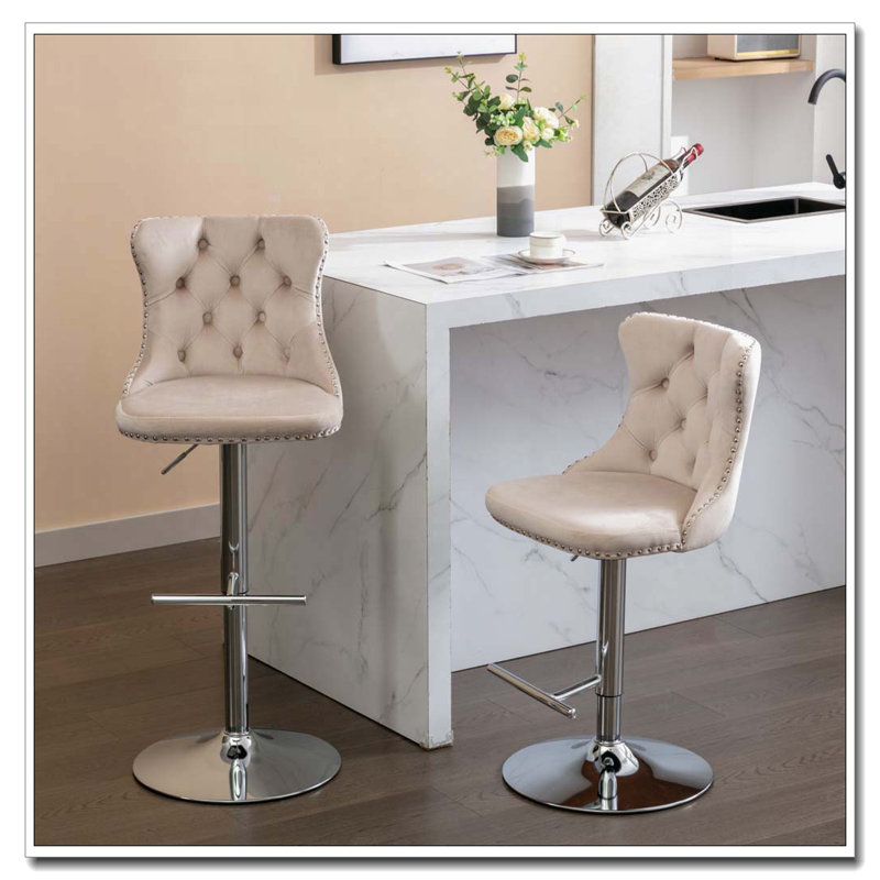 Tabourets de bar pivotants en velours à hauteur de siège réglable, Beige, Silver