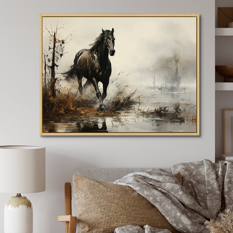 «Grey Horse Misty Morning Canter II», art mural cheval, H 12 po x l 20 po x P 1 po, Cadre flottant érable