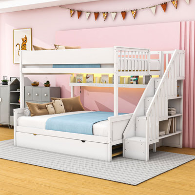 Full XL over Queen Wooden Bunk Bed with LED Light, Shelves, Trundle and Stairs