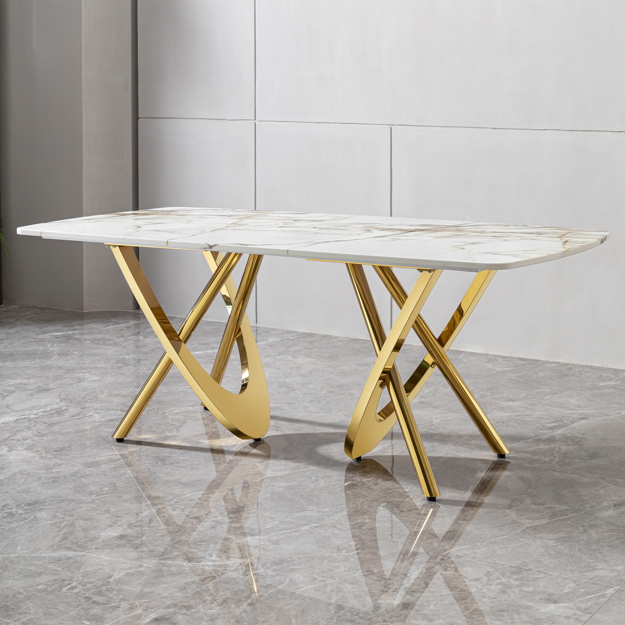Everly Quinn MDF Marble Pattern Dining Table With Gold Stainless Steel ...