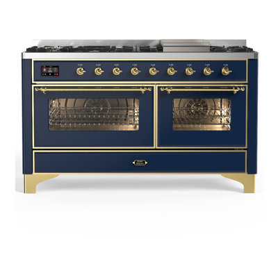 Cuisinière à carburant double de 60 pouces avec 7 brûleurs scellés de la série Majestic III en bleu nuit (gaz naturel, garniture en laiton)
