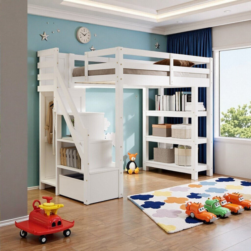 Lit superposé simple au-dessus d'un lit double blanc avec garde-corps et échelle - Conception en bois de pin sécuritaire et peu encombrante