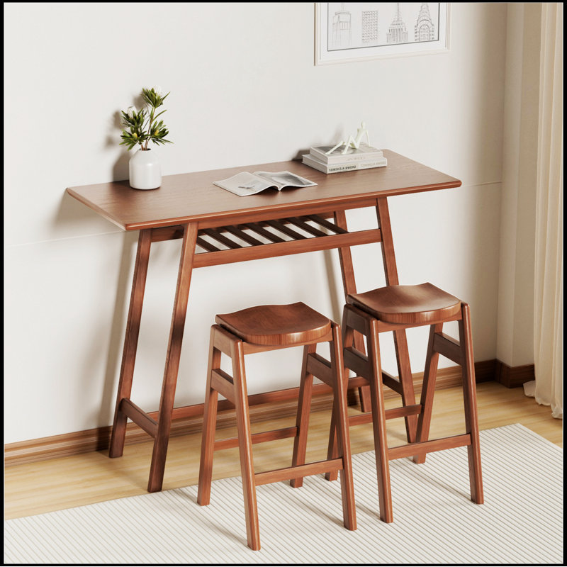 3 PCS Pub Dining Set Retro Bar Table Rubber Wood Stackable Backless High Stool for 2 with Shelf