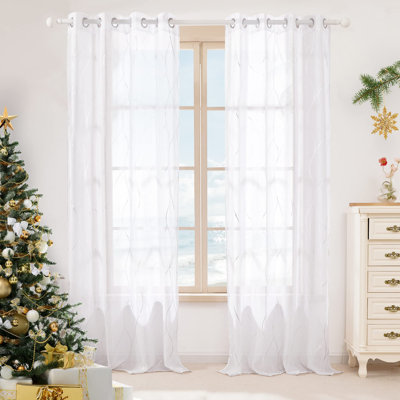 Silver Foil Printed Wave Pattern Semi Sheer Grommet Top Curtains (Set of 2)