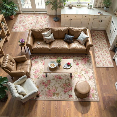 Kaldi Floral Washable Vintage Soft Non Slp Area Rugs for Living Room Bedroom Dining Room Low Pile Thin Boho Carpet