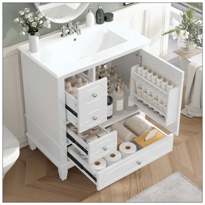 Lavabo de salle de bain autoportant en céramique massif avec 3 tiroirs en bois massif à fermeture en douceur, Blanc