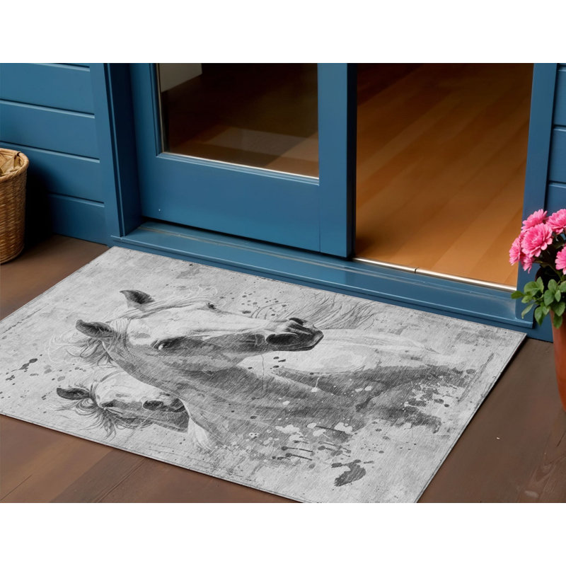 3' X 5' Gray And Silver Horse Washable Indoor Outdoor Area Rug