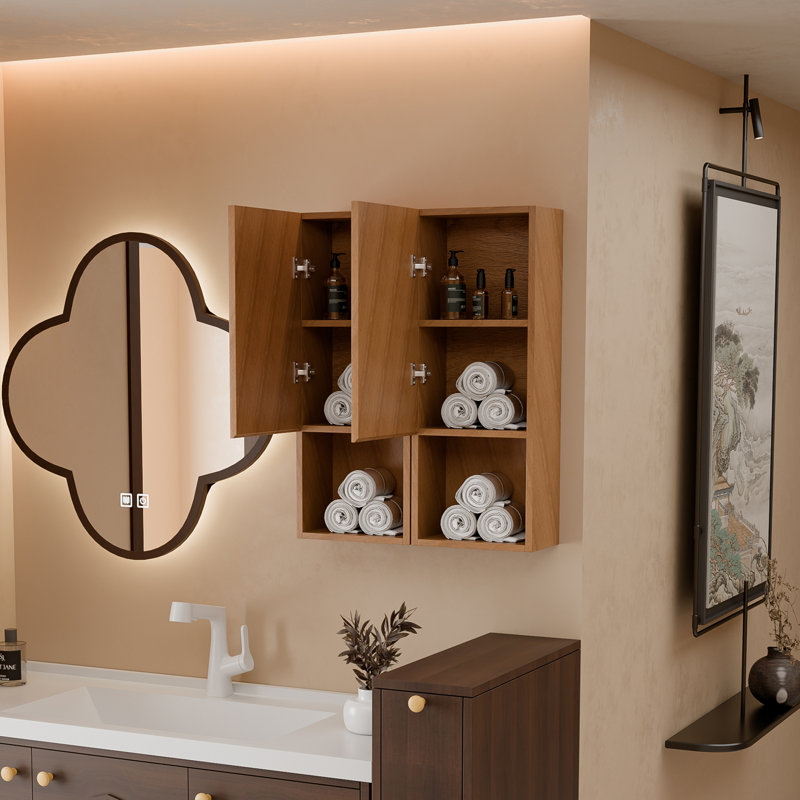 35"H x 13.8"W Wall-Mounted Narrow Bathroom Side Cabinet With Fluted Door, Open Shelf & Moisture-Resistant Oak Finish