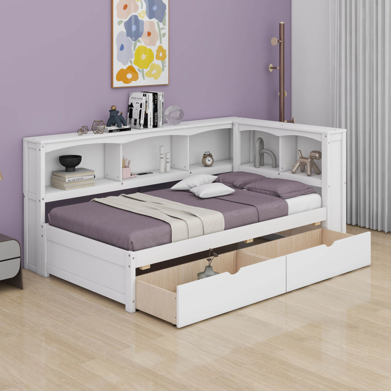Lit de jour simple en bois avec deux tiroirs, canapé-lit multifonctionnel avec armoires de rangement et ports USB, Blanc
