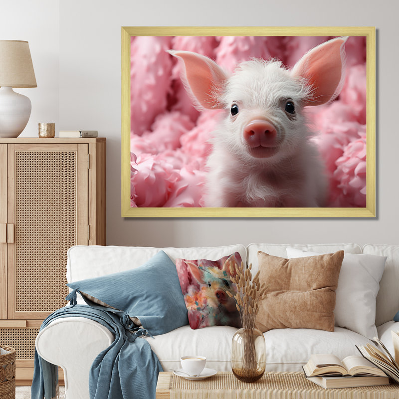 «Pink Curious Pig II», reproduction sur toile, Cadre doré à une seule photo, H 24 po x l 32 po x P 1 po