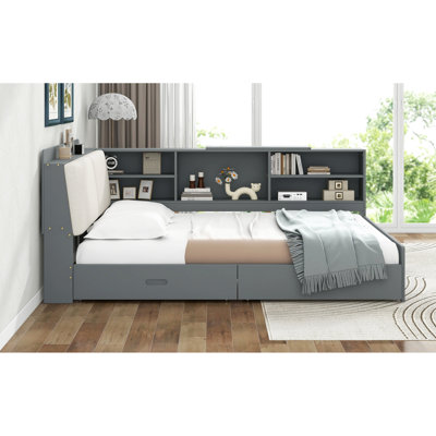 Lit plateforme double en bois gris avec tête de lit, étagères encastrées, 2 tiroirs et stable