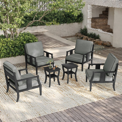Ensemble de conversation d'extérieur en teck pour quatre personnes avec coussin et deux tables d'appoint