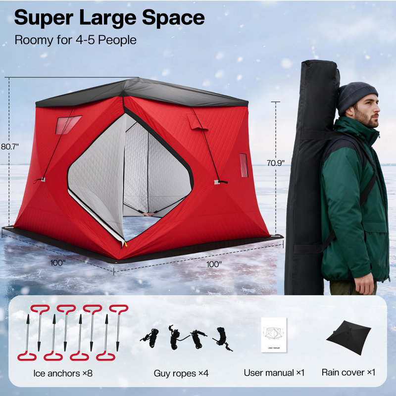 Insulated Pop-Up Ice Fishing Tent for 4-5 Persons, 3-Layer Oxford Fabric, Waterproof Rain Cover, Chimney Vent & Anchors