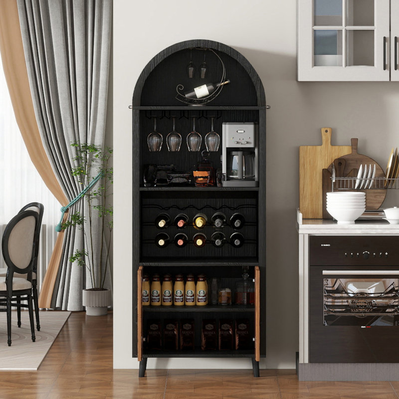 71"Farmhouse Arched Wine Bar Cabinet: Tall Arched Display Cabinet , Arch Black Cabinets &Coffee Bar, Whiskey Station With Wine Rack And Wine Glass Holder - Liquor Bars Cabinet For Living Dining Room