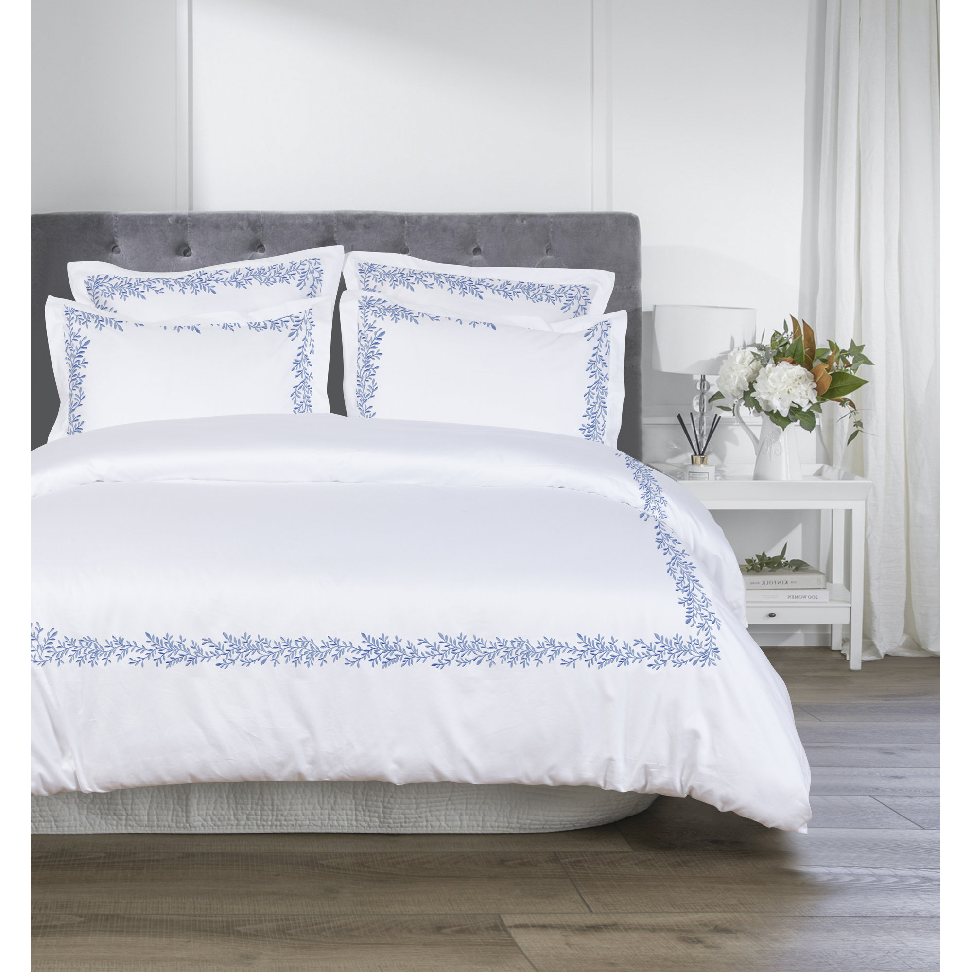 Azle Sateen Duvet Cover Set, Blue, Queen Duvet Cover + 2 Shams + 2 Throw Pillows