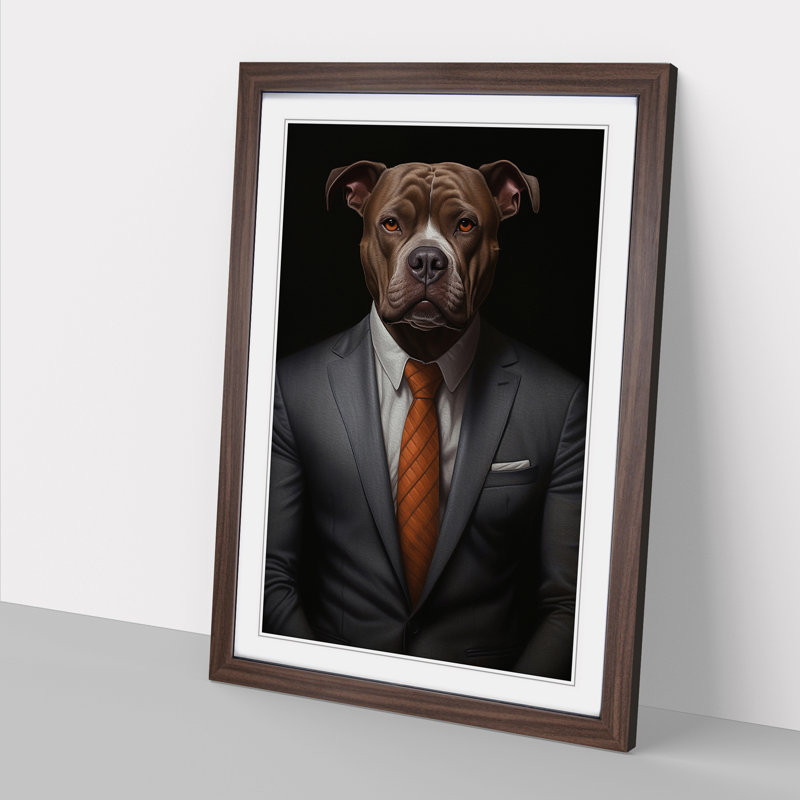 Staffordshire Bull Terrier in a Suit Painting - Framed Print, Walnut Framed, 34cm H x 25cm W x 2cm D