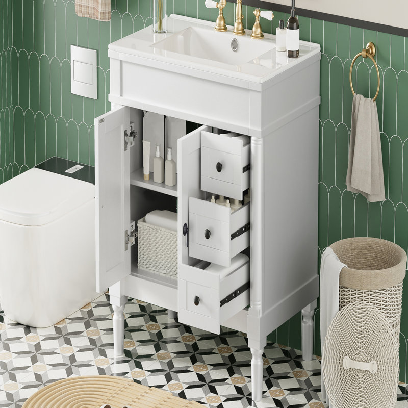 Meuble-lavabo moderne de 30 pouces avec cadre en bois massif, panneau de fibres à densité moyenne, lavabo en céramique et rangement spacieux pour un design élégant et fonctionnel