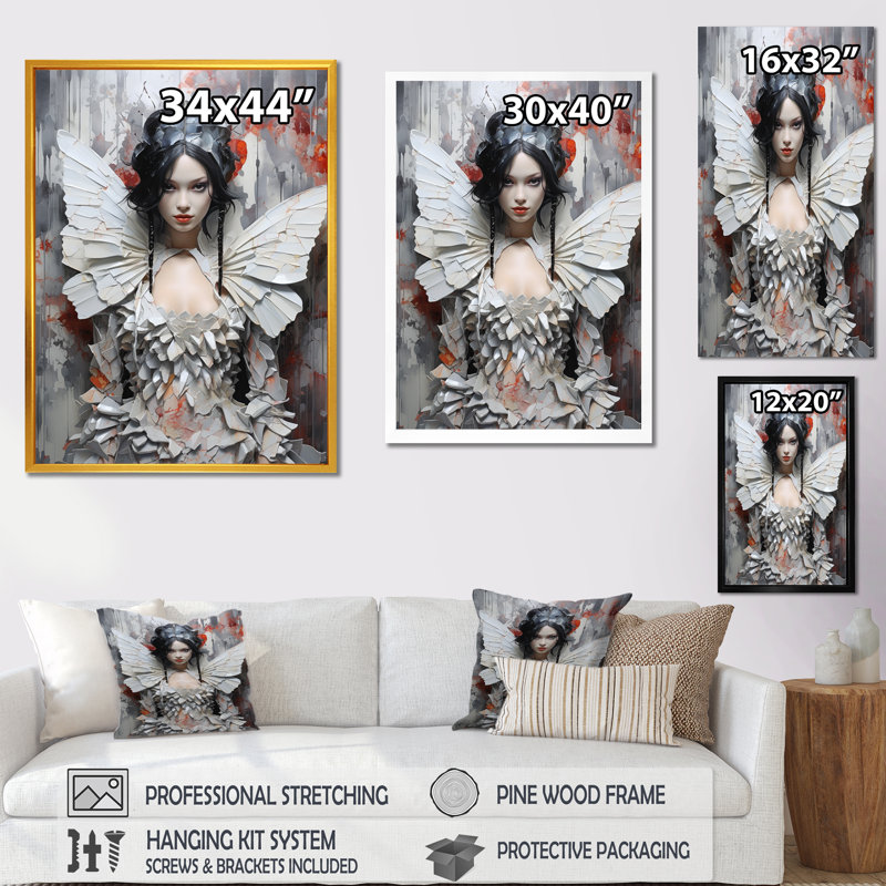 «White Butterfly Glam Woman II», art mural glam, Cadre simple noir, H 32 po x l 16 po x P 1 po