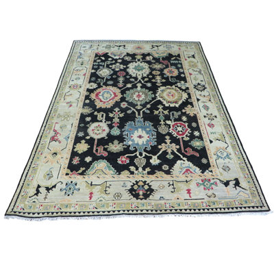 Tapis oriental noir / vert / rouge / bleu clair noué à la main Oushak