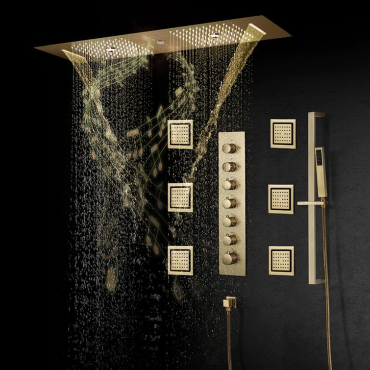 Phone Controlled Brushed Gold Thermostatic Shower System with LED and Jets