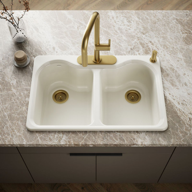 Hartland 33" L x 22" W x 9-5/8" Double Basin Drop-In Kitchen Sink, 3 Hole, Sea Salt