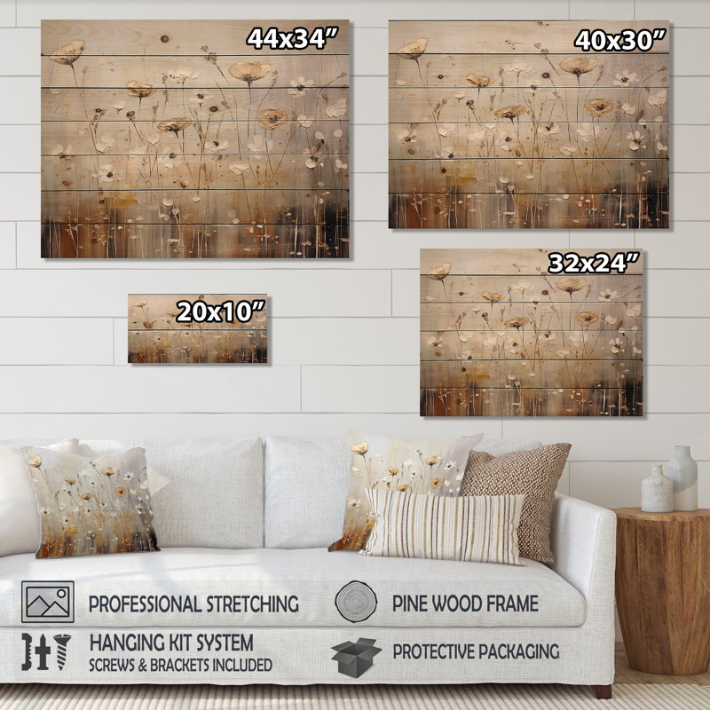 Scerene Wildflowers In Bloom - Wildflowers Wood Panel Wall Art On Natural Pine Wood, 10" H x 20" W
