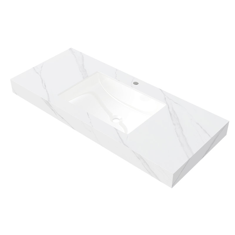 Comptoir en pierre frittée blanche de 48 po et cuve en céramique encastrée Muri Carrara avec un trou de robinet pré-percé standard, sans armoire, sans robinet et couvercle de lavabo