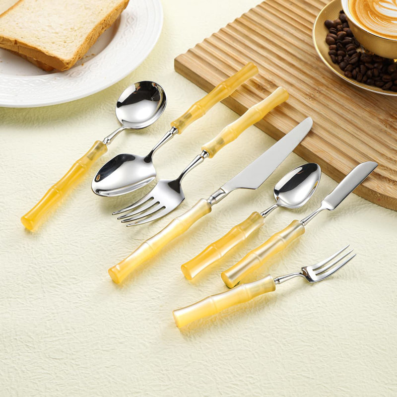 Ensemble de couverts 7 pièces en acier inoxydable avec poignée en bambou, couverts modernes pour la maison, la cuisine et la vaisselle