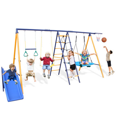 Outsunny Metal Swing Set with Glider, Two Swing Seats and Adjustable Height, Outdoor Heavy Duty A-Frame Suitable for Playground, Backyard, Purple
