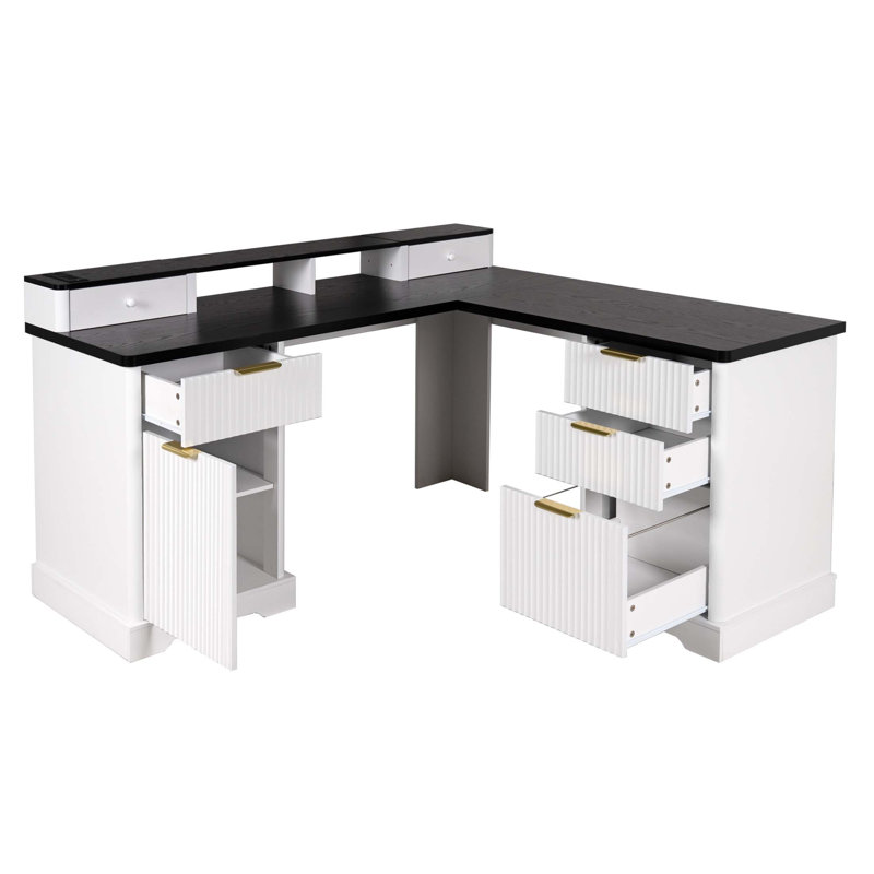 Bureau moderne en L cannelé avec station de charge et armoire de rangement - Bureau d'ordinateur élégant avec support pour écran, tiroir classeur et tablette de support amovible pour bureau, blanc
