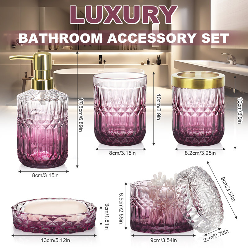 Ensemble d'accessoires de salle de bain en verre gaufré (rouge ombré + or), Ombre rouge foncé + or