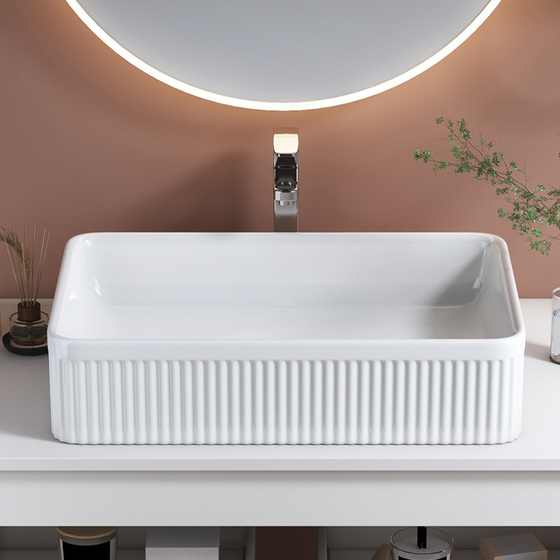 Lavabo vasque rectangulaire - 20 po x 13,6 po blanc moderne avec ensemble de drain, évier au-dessus du comptoir en céramique