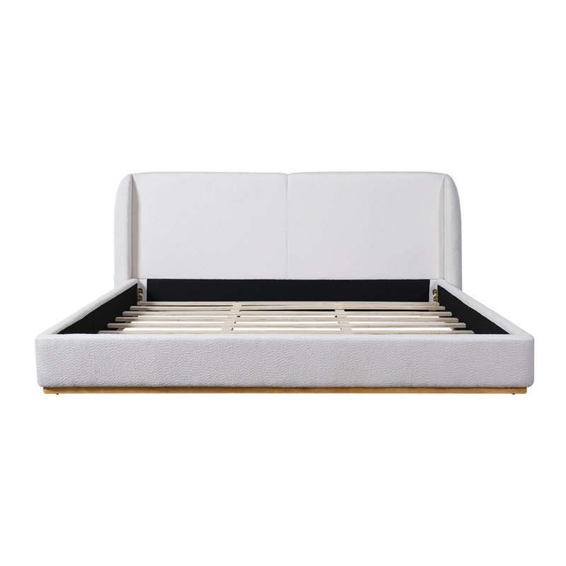Structure de lit avec tête de lit tapissier à oreilles Boucle, base en bois massif, blanc, Très grand