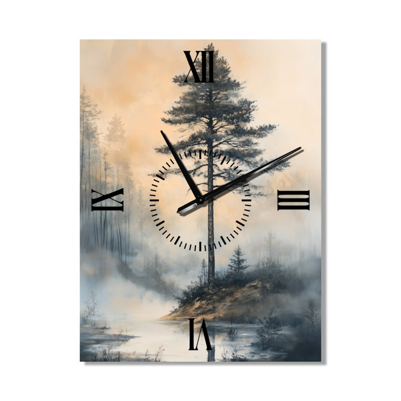 Pine Rising through the Mist - Horloge murale en métal sans tic-tac Lodge, H 32 po x l 24 po - Rectangle